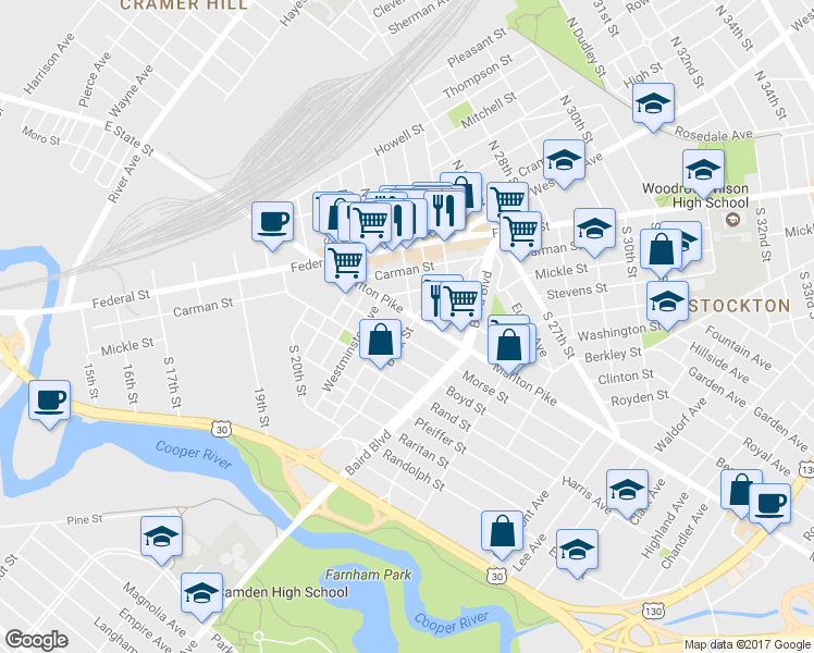 map of restaurants, bars, coffee shops, grocery stores, and more near 155 Marlton Avenue in Camden