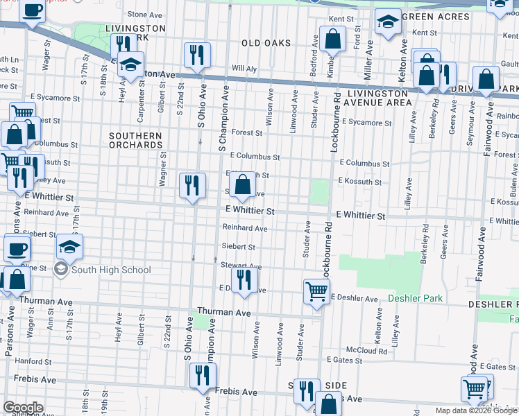 map of restaurants, bars, coffee shops, grocery stores, and more near 1073 Wilson Avenue in Columbus