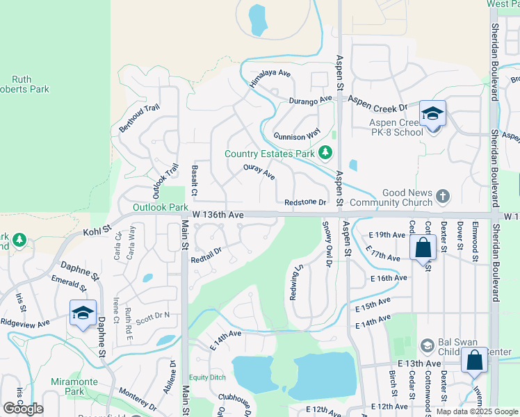map of restaurants, bars, coffee shops, grocery stores, and more near 13610 Fall Creek Circle in Broomfield