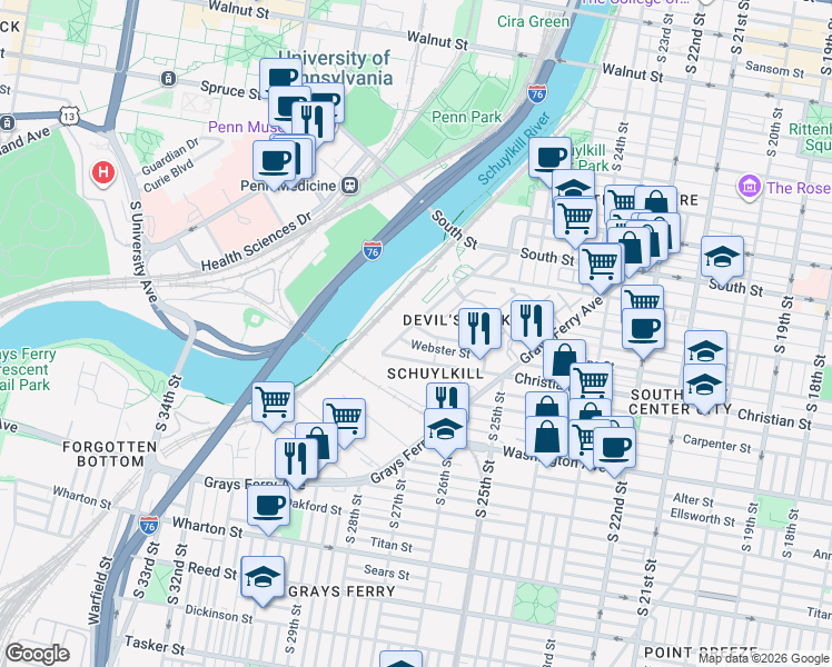 map of restaurants, bars, coffee shops, grocery stores, and more near 801 Schuylkill Avenue in Philadelphia