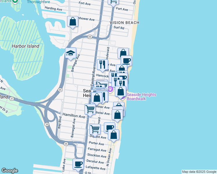 map of restaurants, bars, coffee shops, grocery stores, and more near 908 Ocean Boulevard in Seaside Heights
