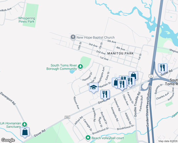 map of restaurants, bars, coffee shops, grocery stores, and more near 162 Attison Avenue in Toms River