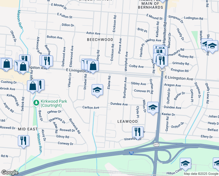 map of restaurants, bars, coffee shops, grocery stores, and more near 1488 Elaine Road in Columbus