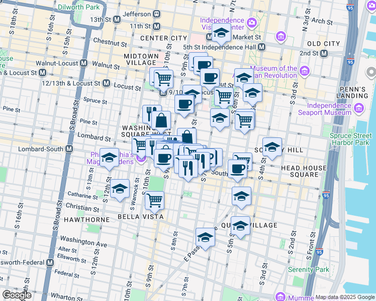 map of restaurants, bars, coffee shops, grocery stores, and more near 801 Lombard Street in Philadelphia