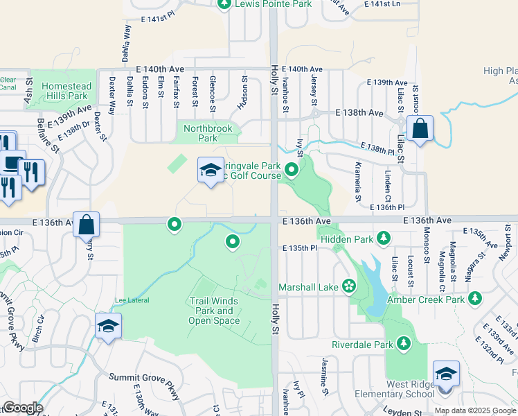 map of restaurants, bars, coffee shops, grocery stores, and more near 5321 East 136th Avenue in Thornton