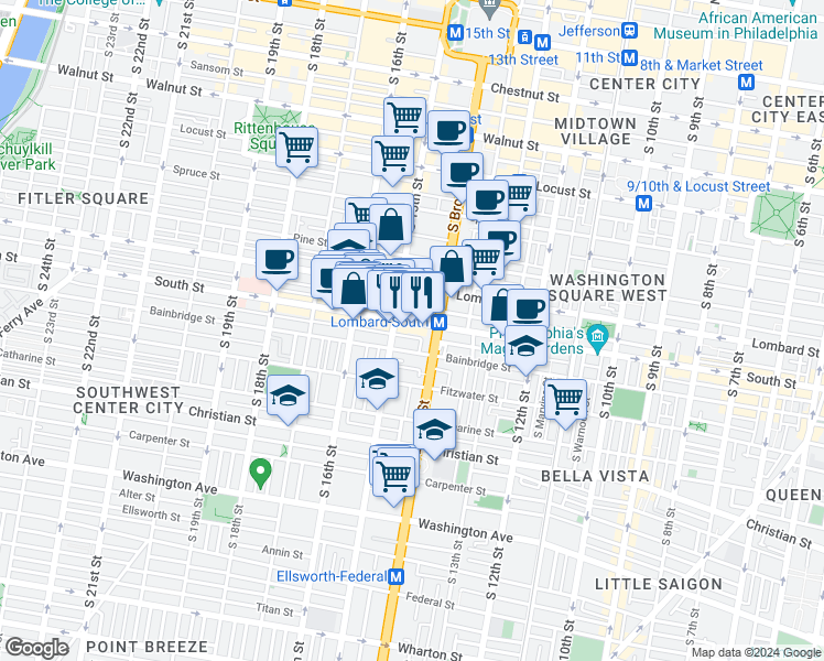 map of restaurants, bars, coffee shops, grocery stores, and more near 1426 South Street in Philadelphia