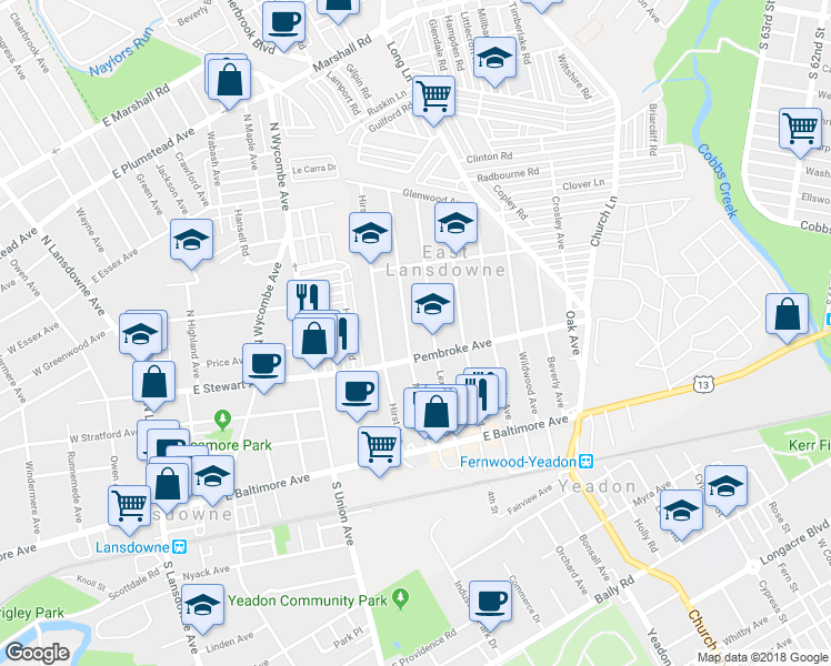 map of restaurants, bars, coffee shops, grocery stores, and more near 121 Melrose Avenue in Lansdowne
