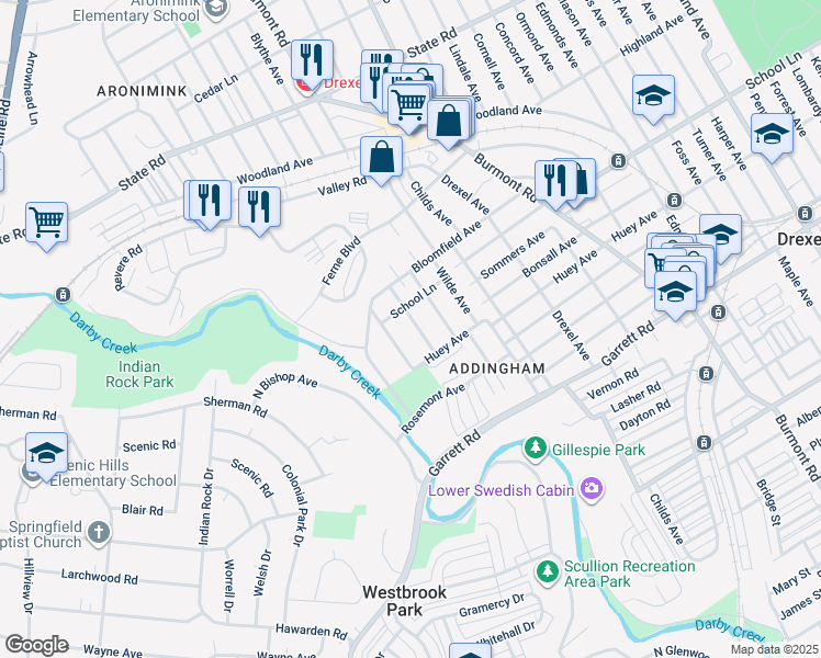 map of restaurants, bars, coffee shops, grocery stores, and more near 520 Alexander Avenue in Drexel Hill