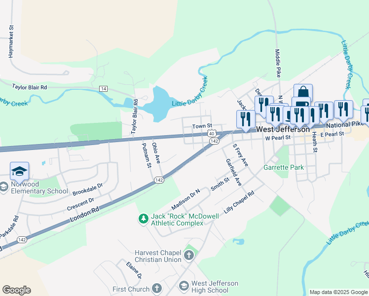map of restaurants, bars, coffee shops, grocery stores, and more near 315 West Pearl Street in West Jefferson