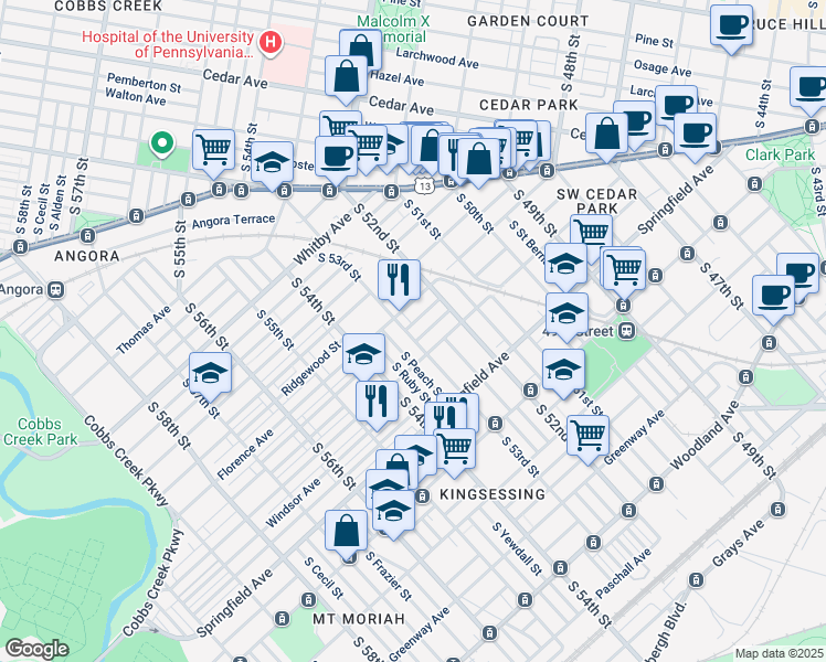 map of restaurants, bars, coffee shops, grocery stores, and more near 1121 South 53rd Street in Philadelphia