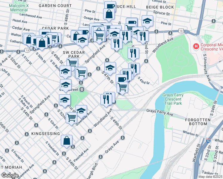 map of restaurants, bars, coffee shops, grocery stores, and more near 1242 South 47th Street in Philadelphia
