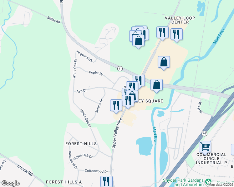 map of restaurants, bars, coffee shops, grocery stores, and more near 2721 Ash Drive in Springfield