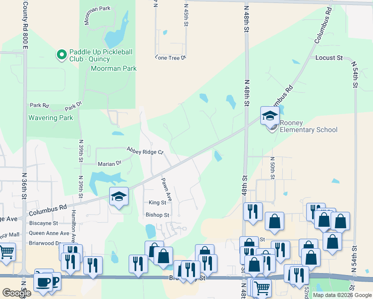 map of restaurants, bars, coffee shops, grocery stores, and more near 4501-4611 County Road 943 East in Quincy