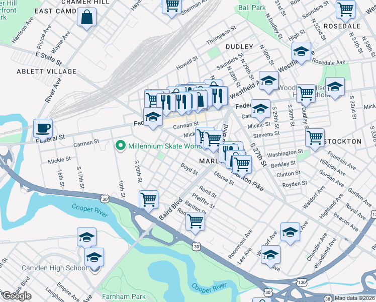 map of restaurants, bars, coffee shops, grocery stores, and more near 155 Marlton Avenue in Camden