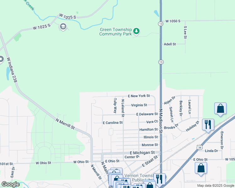 map of restaurants, bars, coffee shops, grocery stores, and more near 213 East New York Street in Fortville