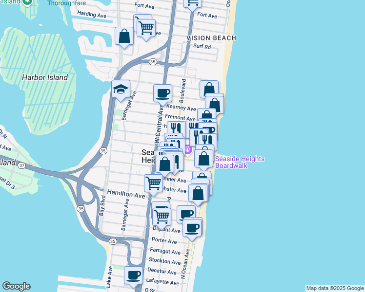 map of restaurants, bars, coffee shops, grocery stores, and more near 908 Ocean Boulevard in Seaside Heights