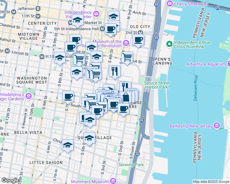map of restaurants, bars, coffee shops, grocery stores, and more near 336 South 3rd Street in Philadelphia