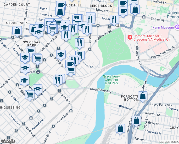 map of restaurants, bars, coffee shops, grocery stores, and more near 1374 South 45th Street in Philadelphia