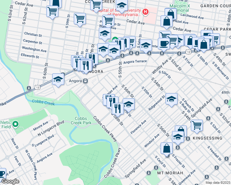 map of restaurants, bars, coffee shops, grocery stores, and more near 5643 Elliott Street in Philadelphia