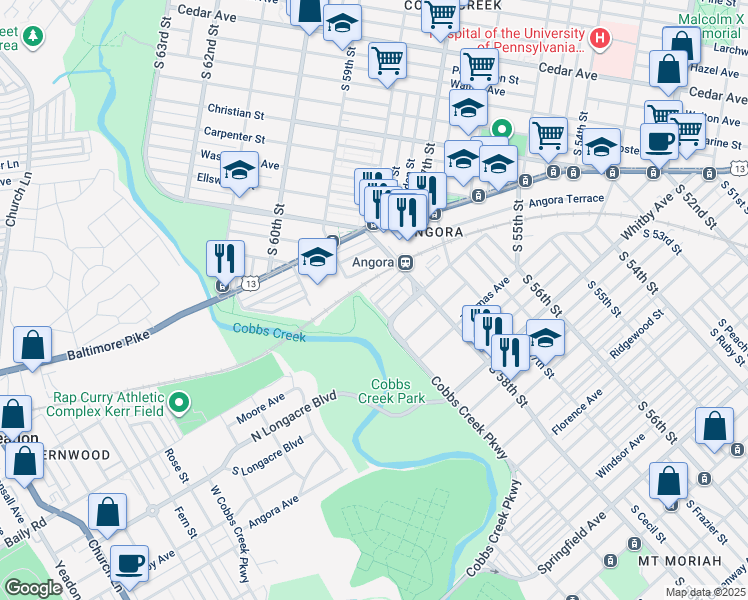map of restaurants, bars, coffee shops, grocery stores, and more near 5855 Fernwood Street in Philadelphia