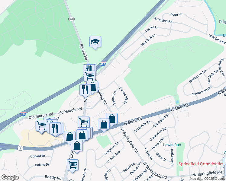 map of restaurants, bars, coffee shops, grocery stores, and more near 788 Parker Lane in Springfield