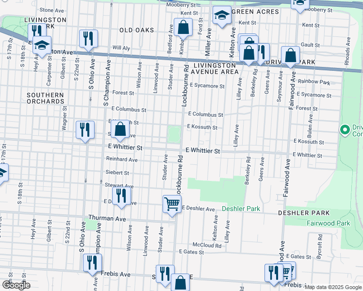 map of restaurants, bars, coffee shops, grocery stores, and more near 1102 Lockbourne Rd in Columbus