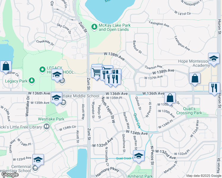 map of restaurants, bars, coffee shops, grocery stores, and more near 2105 West 136th Avenue in Broomfield