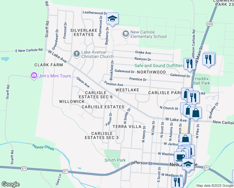 map of restaurants, bars, coffee shops, grocery stores, and more near 501 Gerald Avenue in New Carlisle