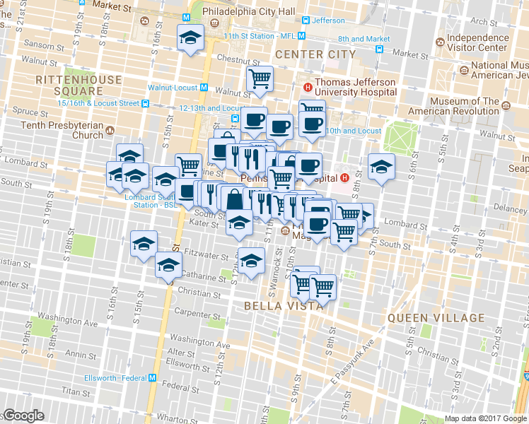 map of restaurants, bars, coffee shops, grocery stores, and more near 1111 Rodman Street in Philadelphia