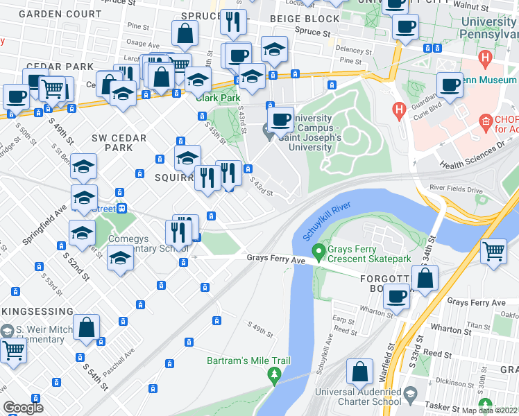 map of restaurants, bars, coffee shops, grocery stores, and more near 1364 South Melville Street in Philadelphia