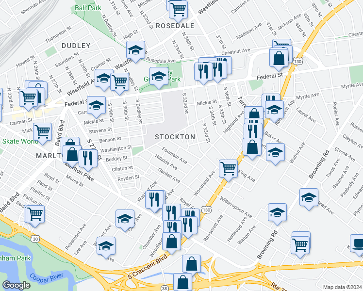 map of restaurants, bars, coffee shops, grocery stores, and more near 312 Burwood Avenue in Camden