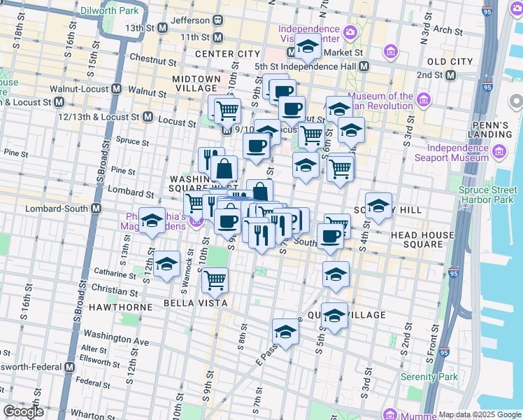 map of restaurants, bars, coffee shops, grocery stores, and more near 801 Lombard Street in Philadelphia