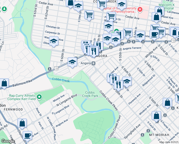 map of restaurants, bars, coffee shops, grocery stores, and more near 5838 Fernwood Street in Philadelphia