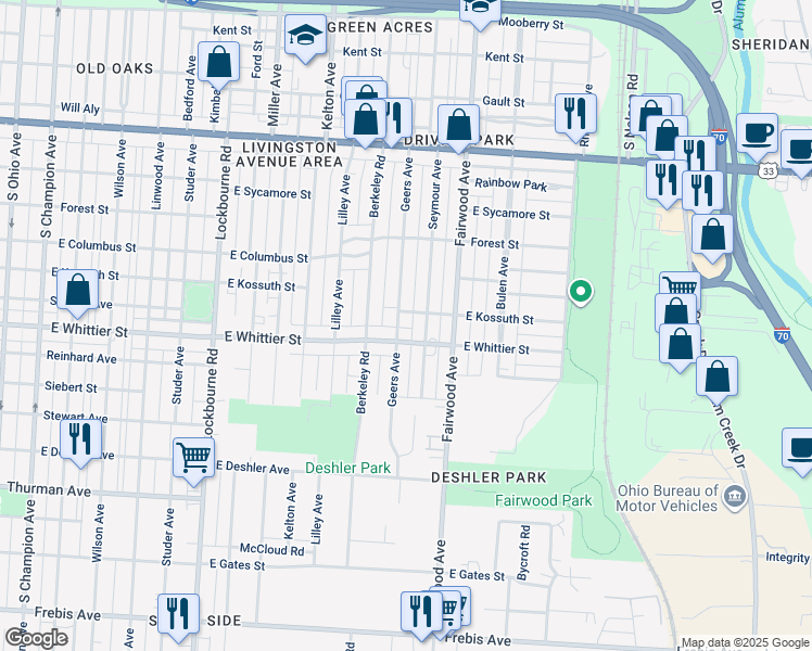 map of restaurants, bars, coffee shops, grocery stores, and more near 1132 Geers Ave in Columbus