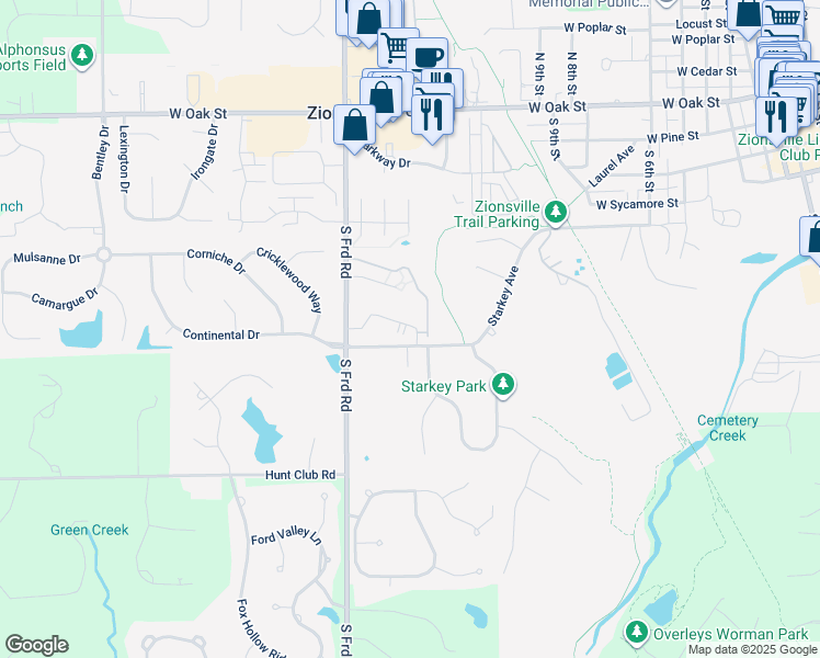 map of restaurants, bars, coffee shops, grocery stores, and more near 6775 South 1000 East in Zionsville