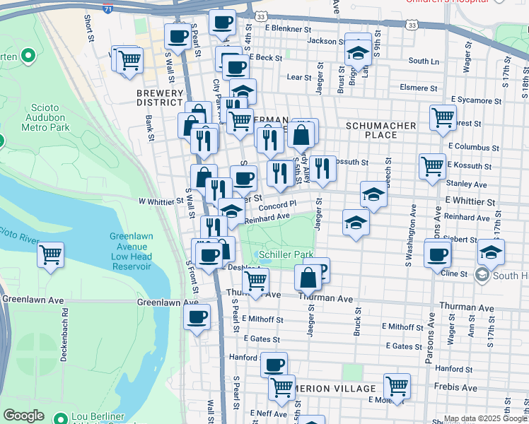 map of restaurants, bars, coffee shops, grocery stores, and more near 925 South Lazelle Street in Columbus