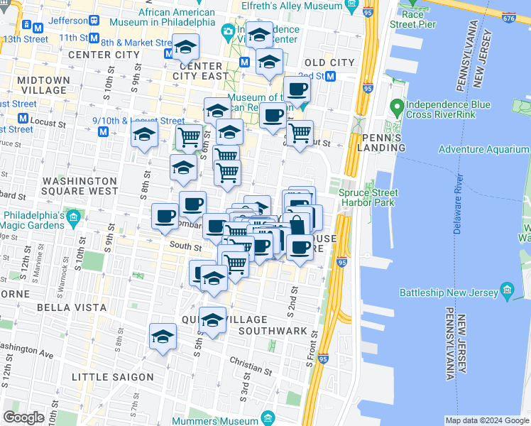 map of restaurants, bars, coffee shops, grocery stores, and more near 313 Pine Street in Philadelphia