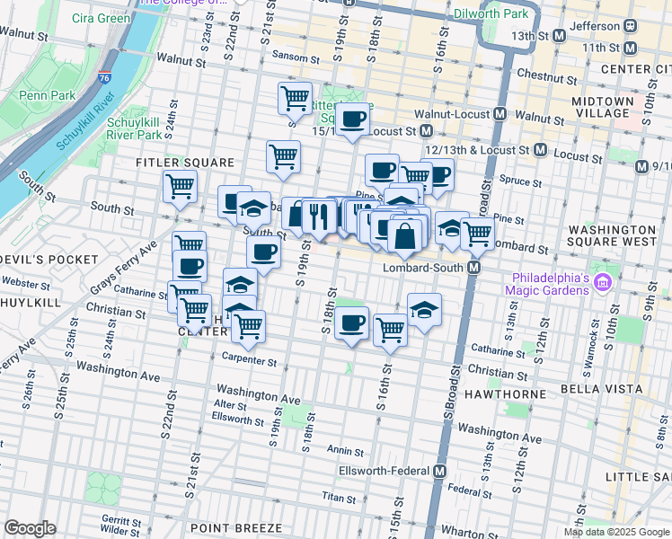 map of restaurants, bars, coffee shops, grocery stores, and more near S 18th St & Bainbridge St in Philadelphia