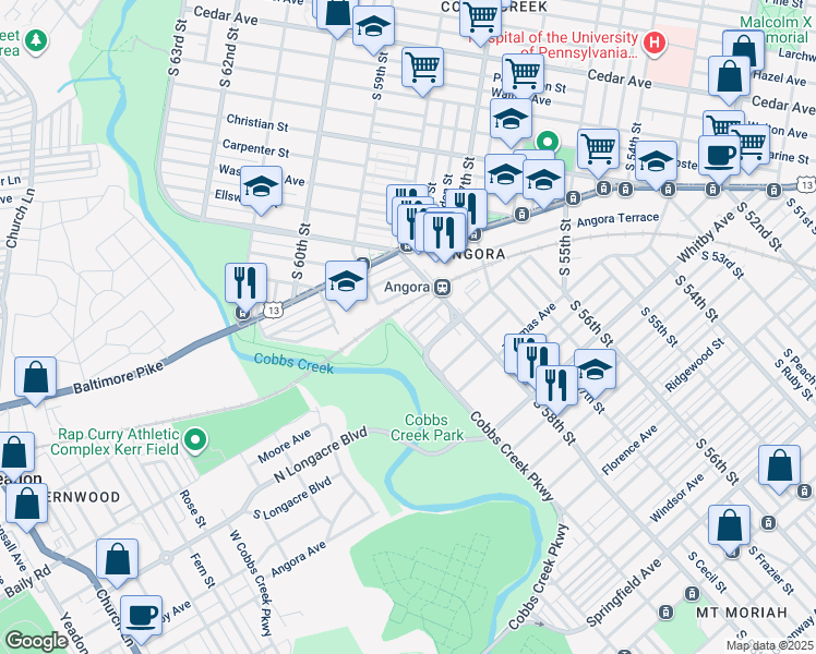 map of restaurants, bars, coffee shops, grocery stores, and more near 5855 Fernwood Street in Philadelphia