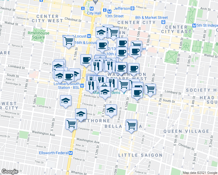 map of restaurants, bars, coffee shops, grocery stores, and more near 1221-29 South Street in Philadelphia
