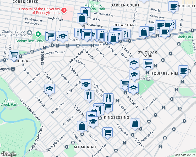 map of restaurants, bars, coffee shops, grocery stores, and more near 1121 South 53rd Street in Philadelphia