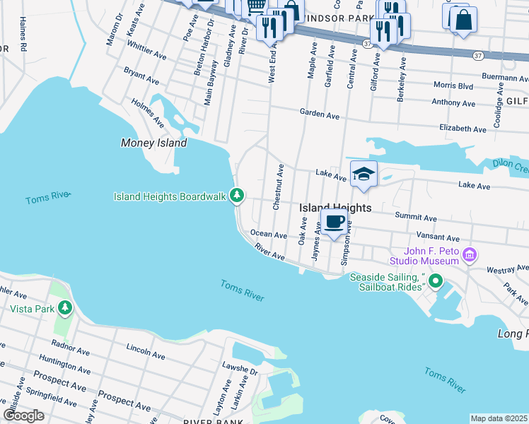 map of restaurants, bars, coffee shops, grocery stores, and more near 110 West End Avenue in Island Heights