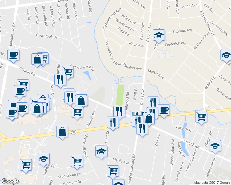 map of restaurants, bars, coffee shops, grocery stores, and more near 14 Chestnut Terrace in Cherry Hill
