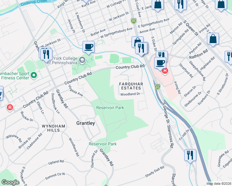 map of restaurants, bars, coffee shops, grocery stores, and more near 1180 Woodland Drive in York