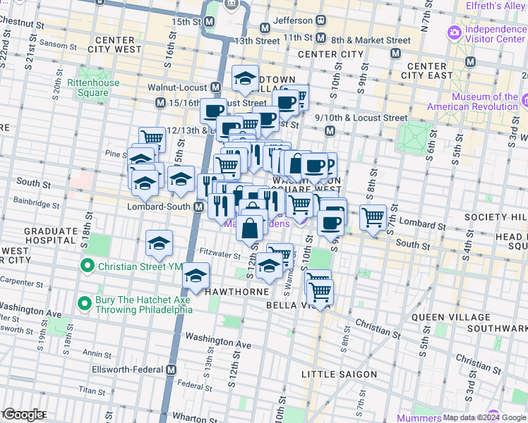 map of restaurants, bars, coffee shops, grocery stores, and more near 1221-29 South Street in Philadelphia