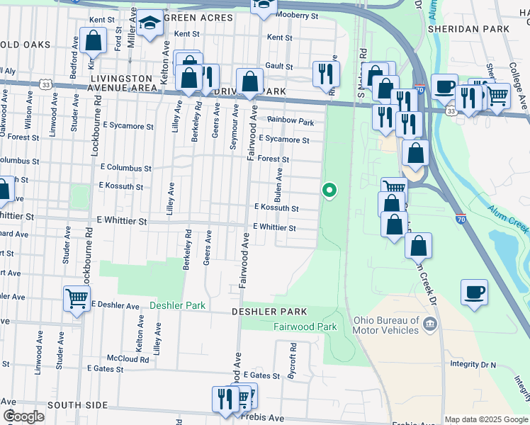 map of restaurants, bars, coffee shops, grocery stores, and more near 1627 E Kossuth St in Columbus