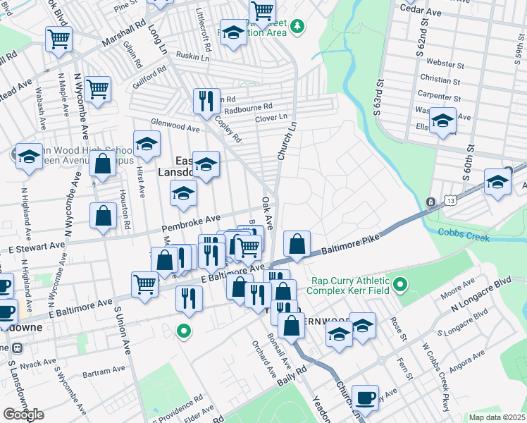 map of restaurants, bars, coffee shops, grocery stores, and more near 1016 Pembroke Avenue in East Lansdowne