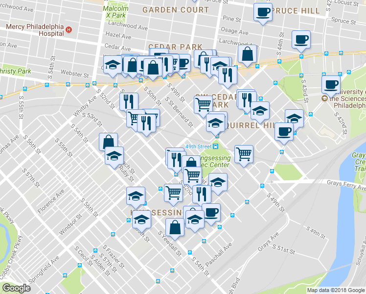 map of restaurants, bars, coffee shops, grocery stores, and more near 5020 Springfield Avenue in Philadelphia