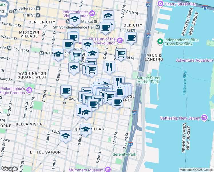 map of restaurants, bars, coffee shops, grocery stores, and more near 313 Pine Street in Philadelphia