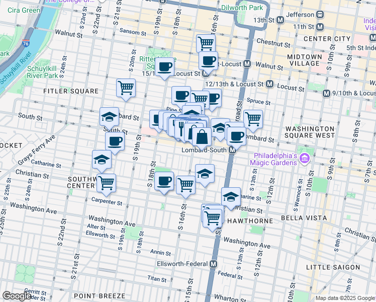 map of restaurants, bars, coffee shops, grocery stores, and more near 7925 Mars Pl in Philadelphia